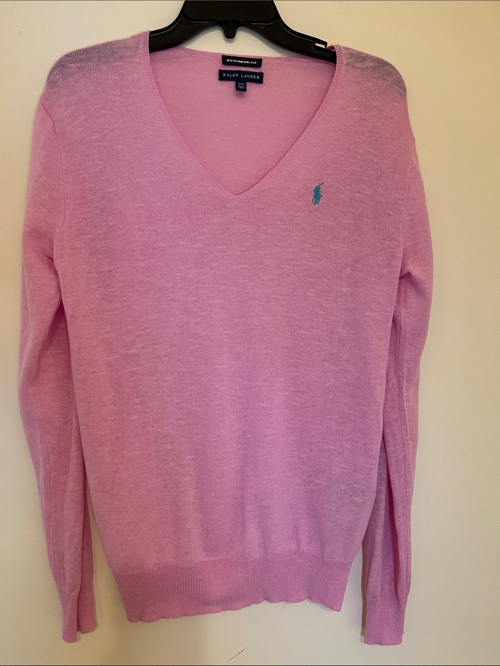 Ralph Lauren Light Pink V-Neck Sweater with Teal Pony Linen size M Boyfriend Fit